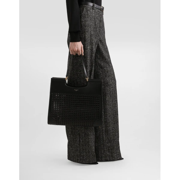 Black Dolce & Gabbana Shopping Sicily in straw and calfskin weave, view 2 | Totes & Top-Handle Bags