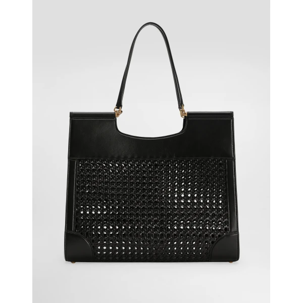 Black Dolce & Gabbana Shopping Sicily in straw and calfskin weave, view 4 | Totes & Top-Handle Bags