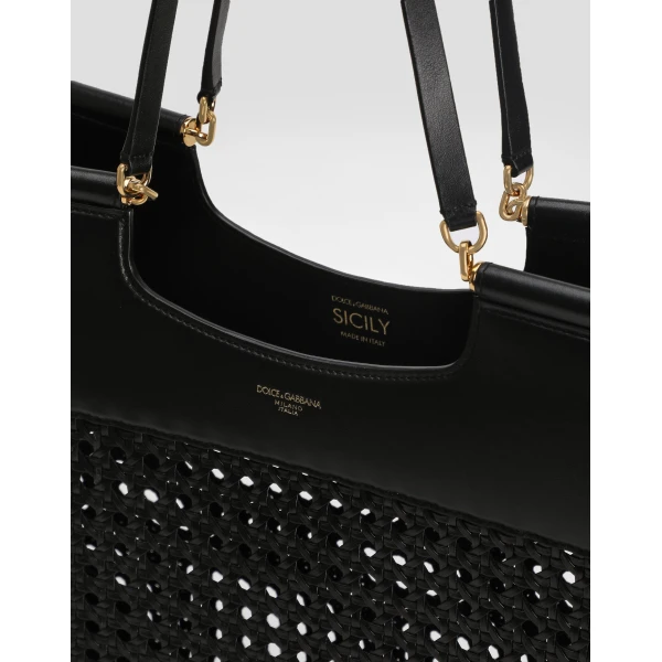 Black Dolce & Gabbana Shopping Sicily in straw and calfskin weave, view 6 | Totes & Top-Handle Bags