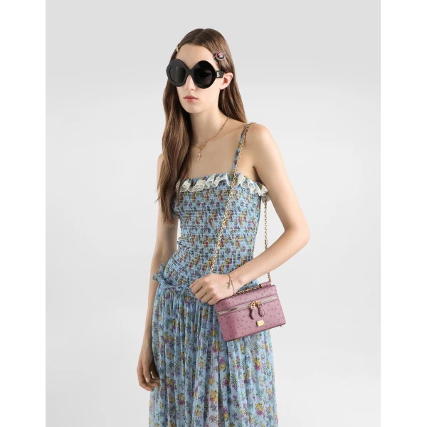 Pink Dolce & Gabbana Sicily small shoulder bag in polished ostrich leather, view 2 | Shoulder & Crossbody Bags