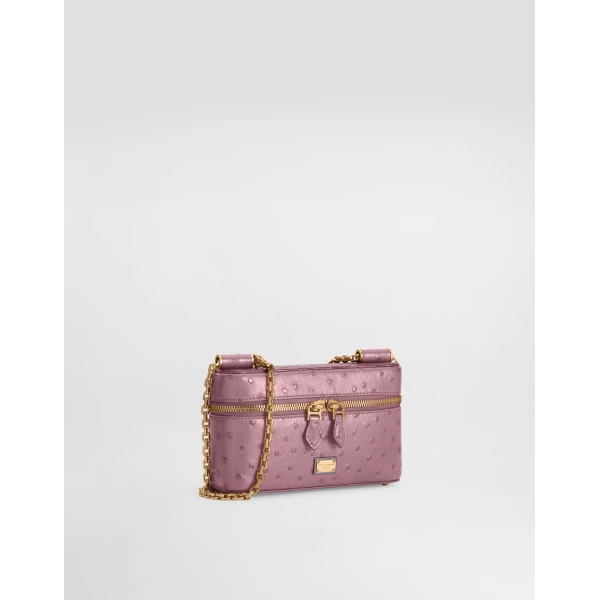 Pink Dolce & Gabbana Sicily small shoulder bag in polished ostrich leather, view 3 | Shoulder & Crossbody Bags
