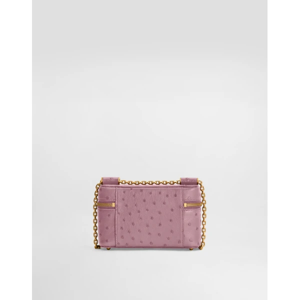 Pink Dolce & Gabbana Sicily small shoulder bag in polished ostrich leather, view 4 | Shoulder & Crossbody Bags