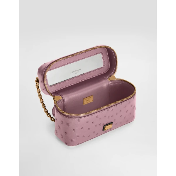 Pink Dolce & Gabbana Sicily small shoulder bag in polished ostrich leather, view 5 | Shoulder & Crossbody Bags