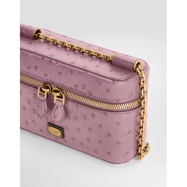 Pink Dolce & Gabbana Sicily small shoulder bag in polished ostrich leather, view 6 | Shoulder & Crossbody Bags