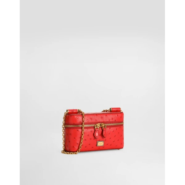 Red Dolce & Gabbana Sicily small shoulder bag in polished ostrich leather, view 3 | Shoulder & Crossbody Bags