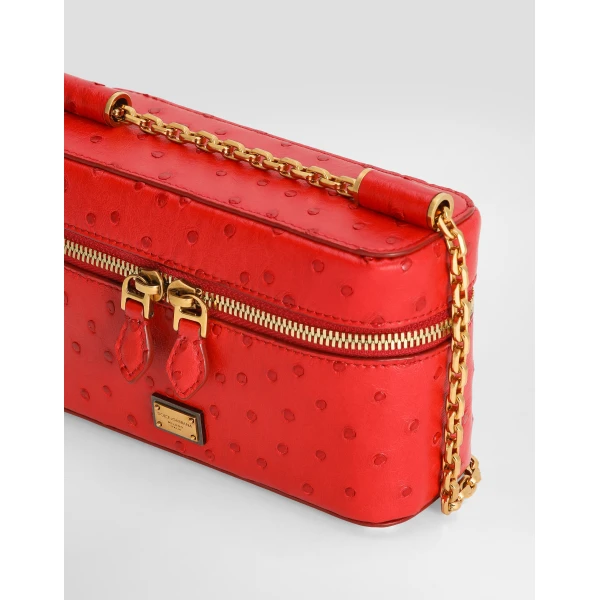 Red Dolce & Gabbana Sicily small shoulder bag in polished ostrich leather, view 6 | Shoulder & Crossbody Bags