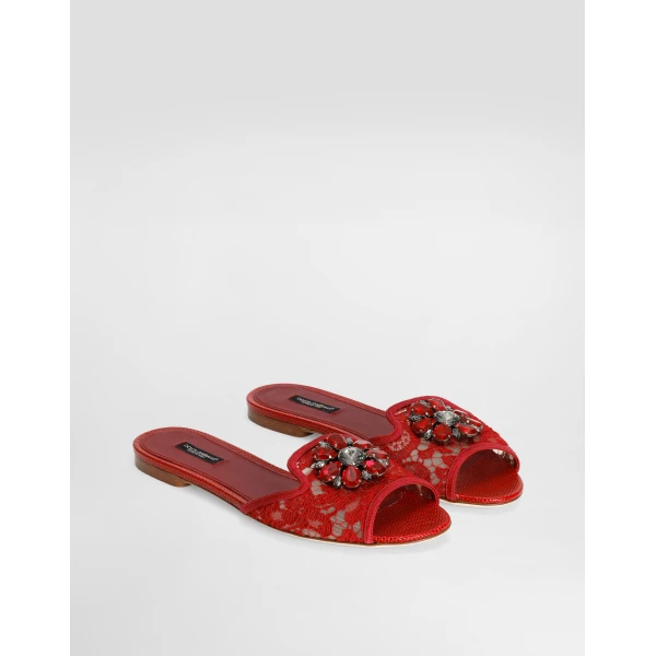 Dark Red Dolce & Gabbana Slippers in lace with crystals, view 2 | Flip Flops & Slides