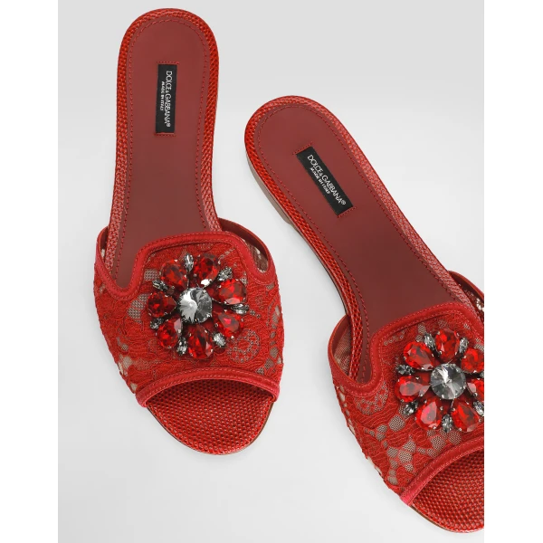 Dark Red Dolce & Gabbana Slippers in lace with crystals, view 4 | Flip Flops & Slides