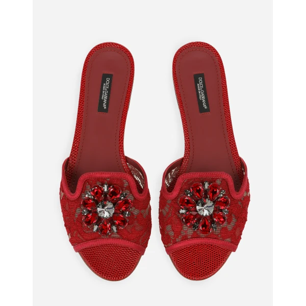 Dark Red Dolce & Gabbana Slippers in lace with crystals, view 5 | Flip Flops & Slides