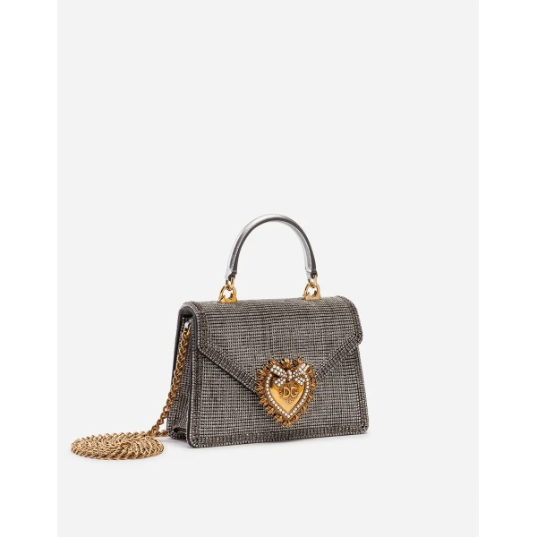 Silver Dolce & Gabbana Small Devotion bag in mordore nappa leather with rhinestone detailing, view 2 | Shoulder & Crossbody Bags