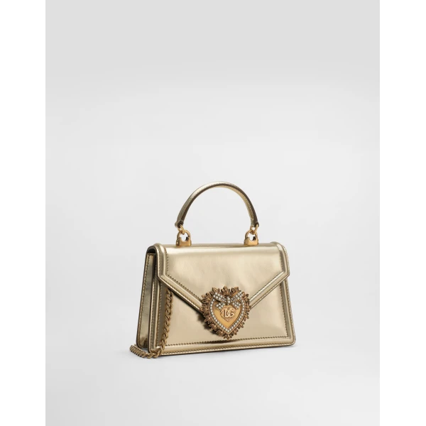 Gold Dolce & Gabbana Small Devotion bag in nappa mordore leather, view 3 | Shoulder & Crossbody Bags