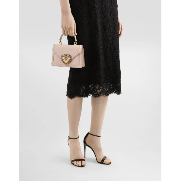 Pale Pink Dolce & Gabbana Small Devotion bag in smooth calfskin, view 2 | Shoulder & Crossbody Bags