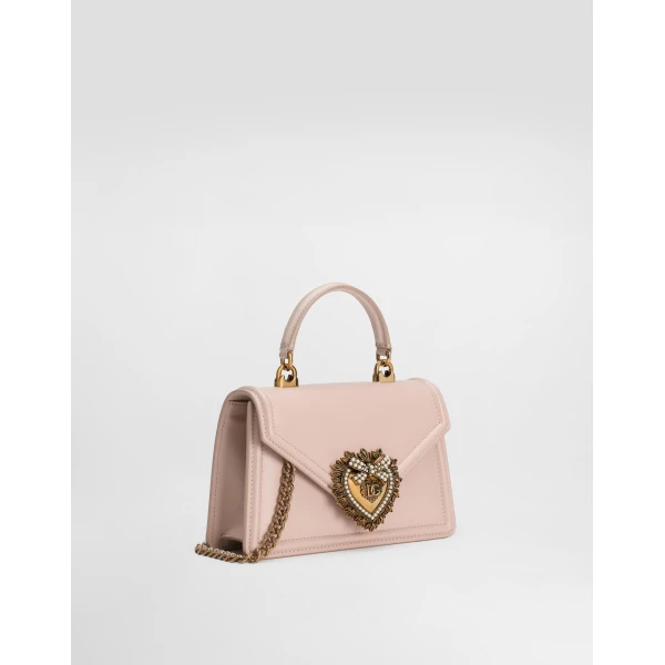 Pale Pink Dolce & Gabbana Small Devotion bag in smooth calfskin, view 3 | Shoulder & Crossbody Bags