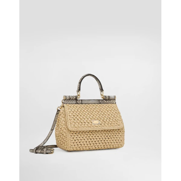 Neutral Dolce & Gabbana Small Sicily handbag in crochet raffia, view 2 | Totes & Top-Handle Bags