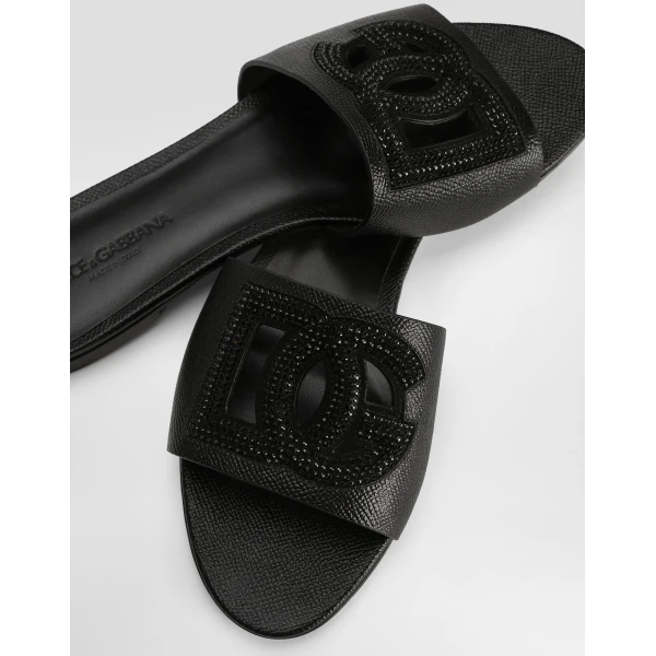 Black Dolce & Gabbana Suede and dauphine calfskin flat slippers, view 4 | Flip Flops & Slides