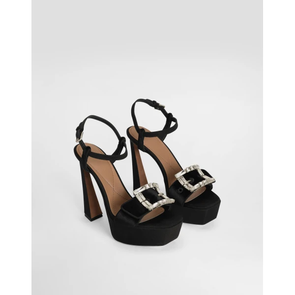 Black Dolce & Gabbana Velvet platform sandals with bejeweled buckle, view 2 | Sandals