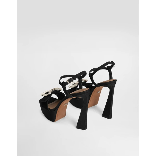 Black Dolce & Gabbana Velvet platform sandals with bejeweled buckle, view 3 | Sandals