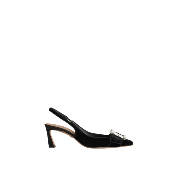 Velvet slingbacks with bejeweled buckle