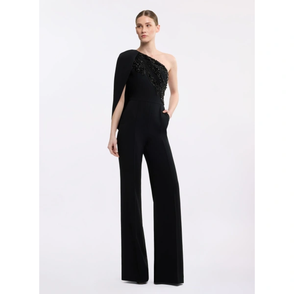 Elie Saab Asymmetric Embellished Cady Jumpsuit in Black | Jumpsuit | Coveti