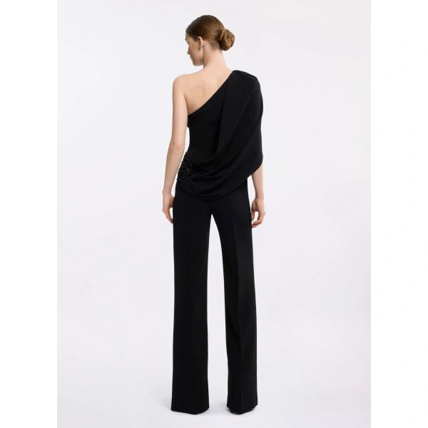Elie Saab Asymmetric Embellished Cady Jumpsuit in Black | Jumpsuit | Coveti