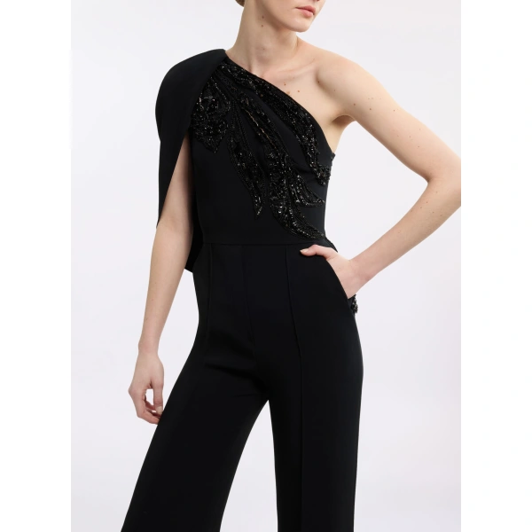 Elie Saab Asymmetric Embellished Cady Jumpsuit in Black | Jumpsuit | Coveti