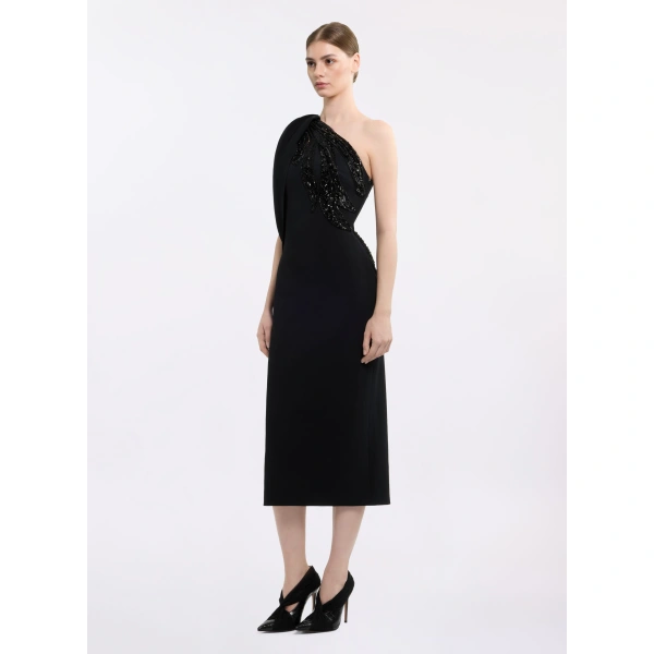 Elie Saab Asymmetric Embellished Cady Midi Dress in Black | Midi Dresses | Coveti
