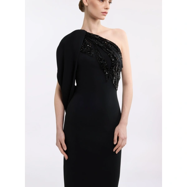 Elie Saab Asymmetric Embellished Cady Midi Dress in Black | Midi Dresses | Coveti