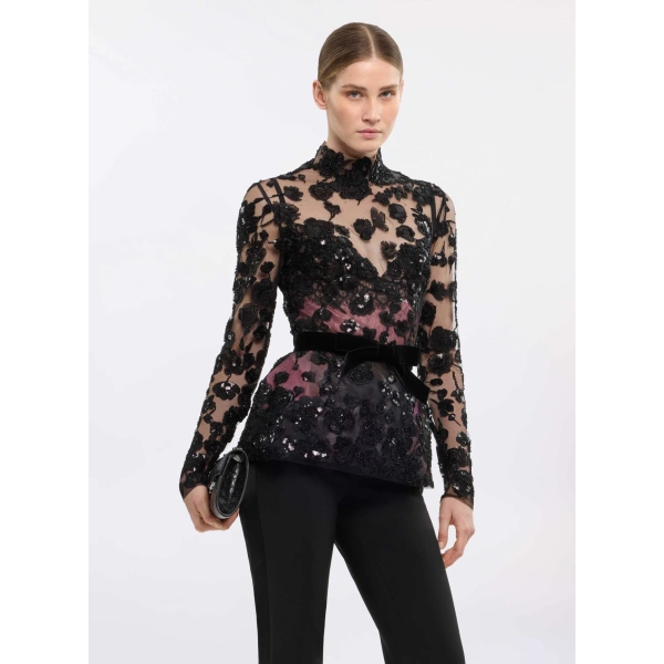 Elie Saab Embroidered Tulle Corset in Black | Tops | Coveti