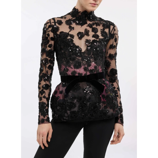 Elie Saab Embroidered Tulle Corset in Black | Tops | Coveti