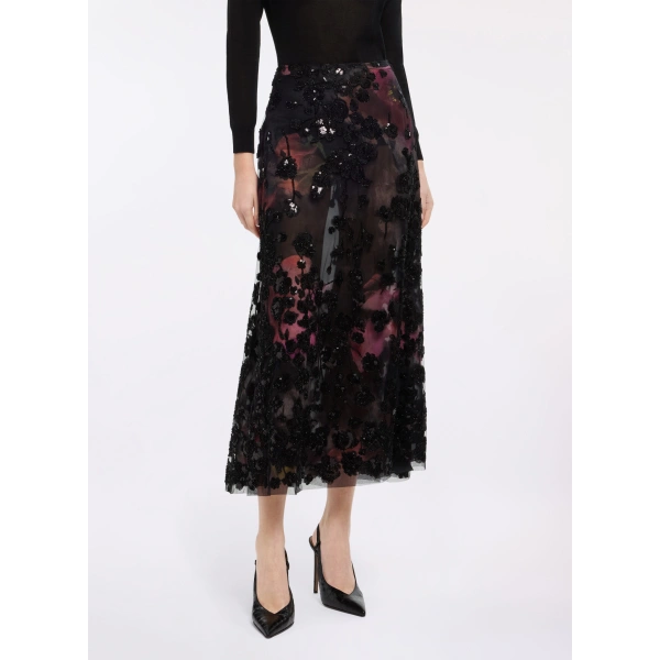 Elie Saab Embroidered Tulle Midi Skirt in Black | Skirts | Coveti
