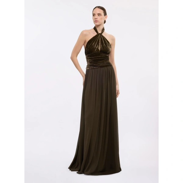 Elie Saab Halter Neck Velvet & Chiffon Dress in Beige | Maxi Dresses | Coveti