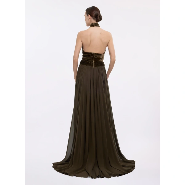 Elie Saab Halter Neck Velvet & Chiffon Dress in Beige | Maxi Dresses | Coveti