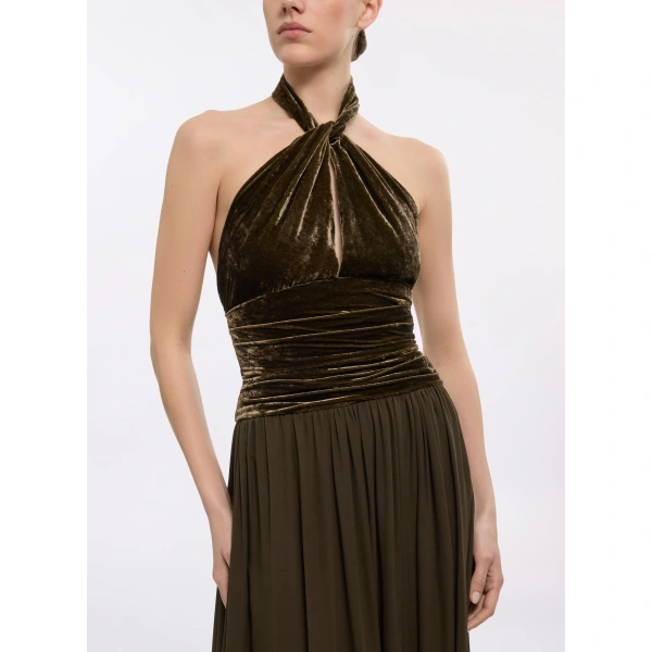 Elie Saab Halter Neck Velvet & Chiffon Dress in Beige | Maxi Dresses | Coveti