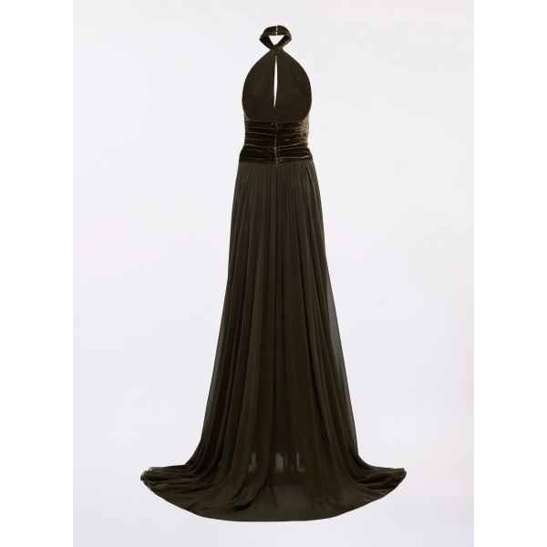 Elie Saab Halter Neck Velvet & Chiffon Dress in Beige | Maxi Dresses | Coveti