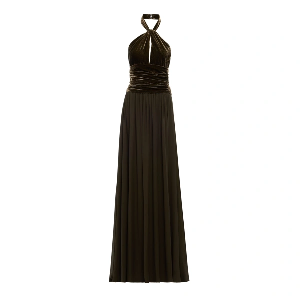 Halter Neck Velvet & Chiffon Dress