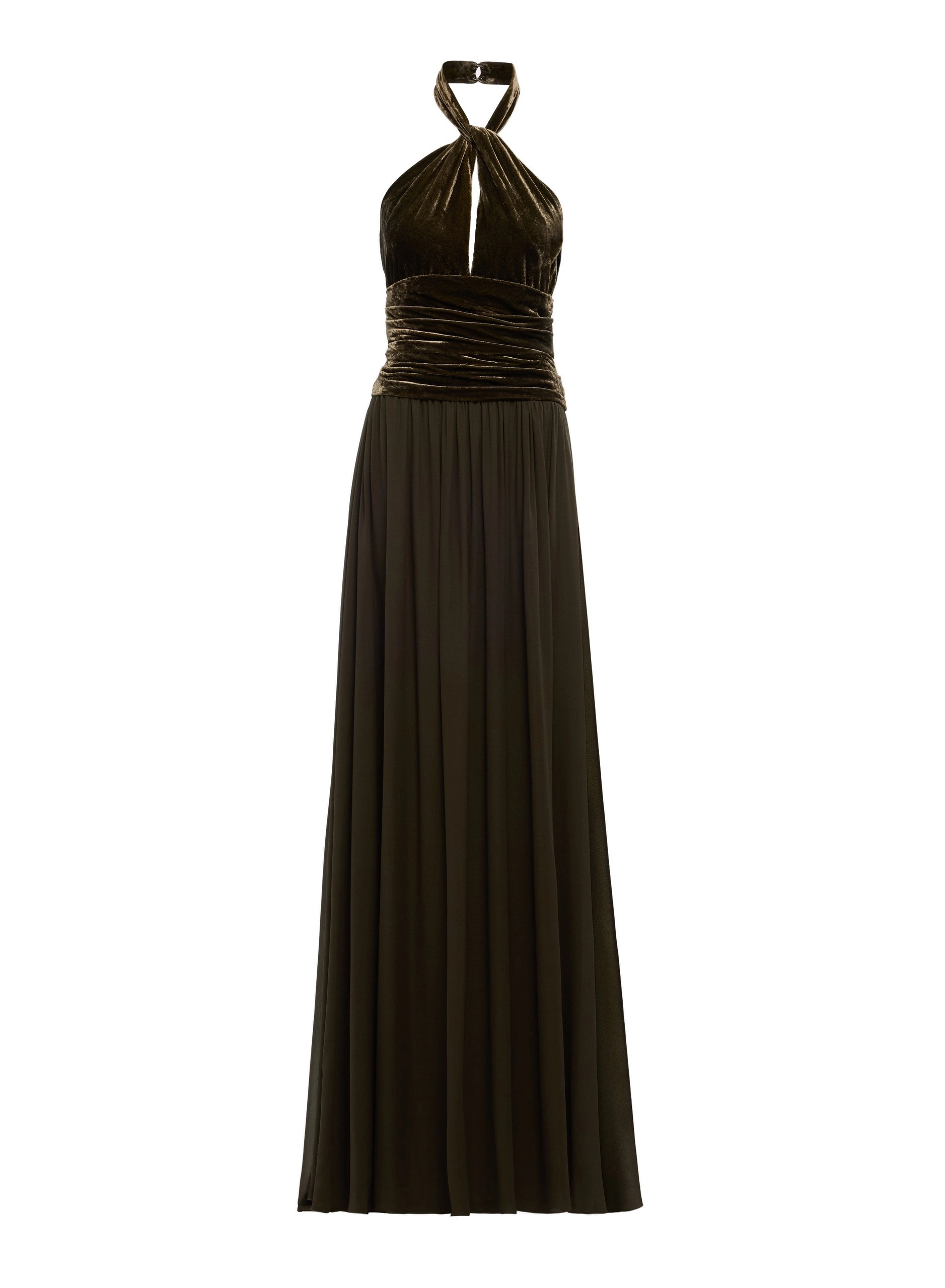 Elie Saab Halter Neck Velvet & Chiffon Dress Elie Saab Halter Neck Velvet & Chiffon Dress in Beige | Maxi Dresses | Coveti