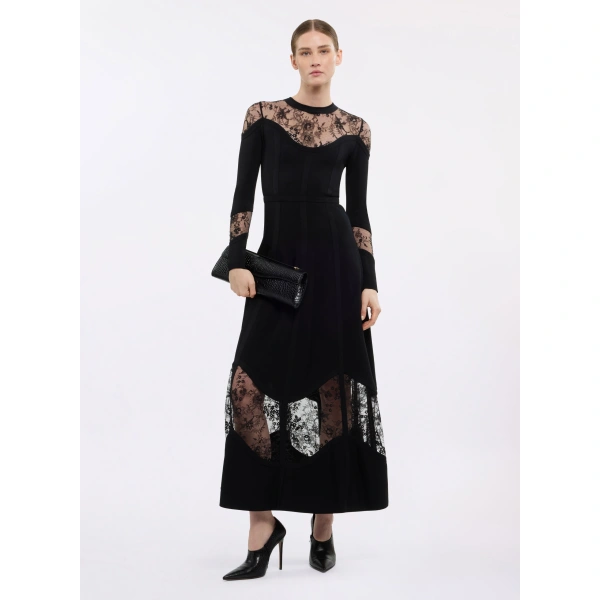 Elie Saab Knit & Lace Midi Dress in Black | Midi Dresses | Coveti