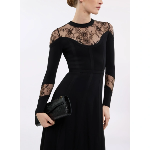 Elie Saab Knit & Lace Midi Dress in Black | Midi Dresses | Coveti