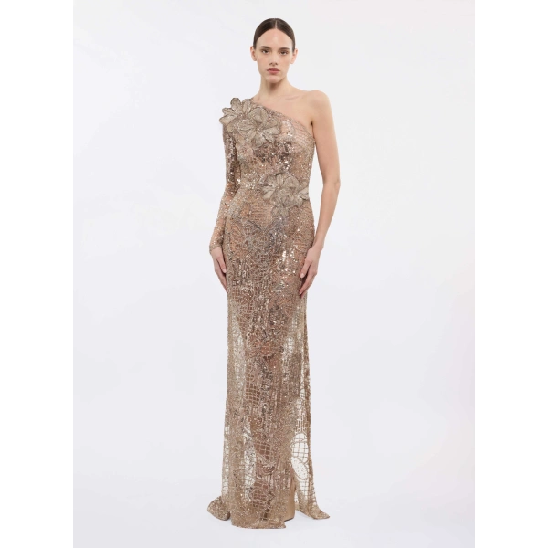 Elie Saab One-Shoulder Sequin Embroidered Dress in Beige | Maxi Dresses | Coveti