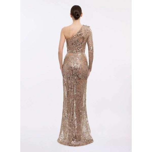 Elie Saab One-Shoulder Sequin Embroidered Dress in Beige | Maxi Dresses | Coveti
