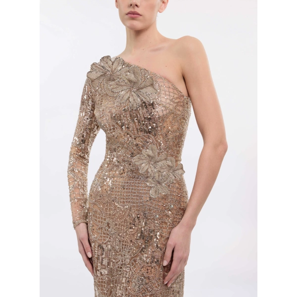 Elie Saab One-Shoulder Sequin Embroidered Dress in Beige | Maxi Dresses | Coveti