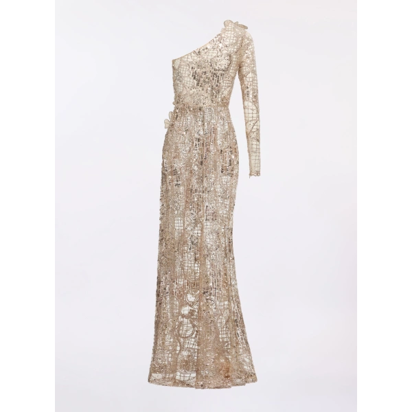Elie Saab One-Shoulder Sequin Embroidered Dress in Beige | Maxi Dresses | Coveti