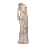 Elie Saab One-Shoulder Sequin Embroidered Dress in Beige | Maxi Dresses | Coveti