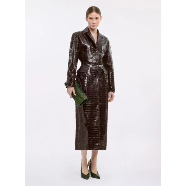 Elie Saab Printed Croco Leather Coat in Beige | Leather Coats | Coveti