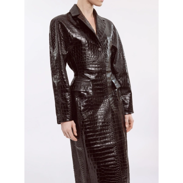 Elie Saab Printed Croco Leather Coat in Beige | Leather Coats | Coveti