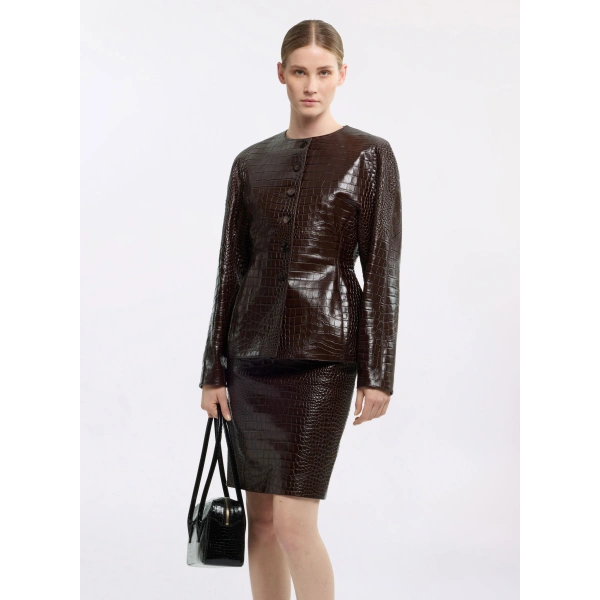 Elie Saab Printed Croco Leather Jacket in Beige | Jackets | Coveti