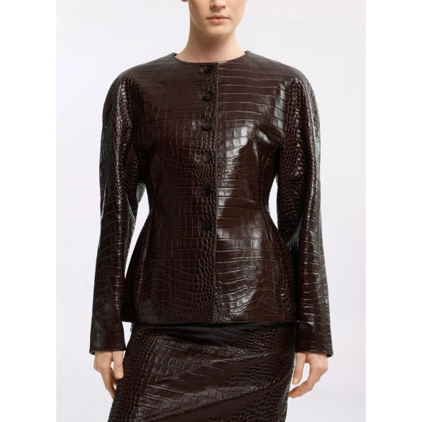 Elie Saab Printed Croco Leather Jacket in Beige | Jackets | Coveti