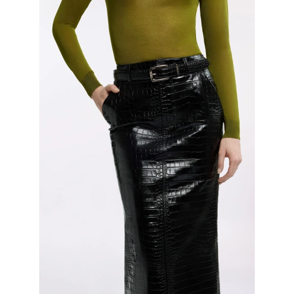 Elie Saab Printed Croco Leather Skirt in Black | Skirts | Coveti