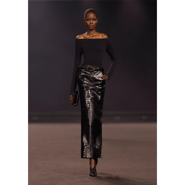Elie Saab Printed Croco Leather Skirt in Black | Skirts | Coveti