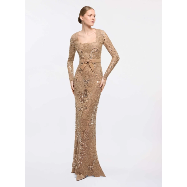 Elie Saab Sequin Embroidered Tulle Dress in Beige | Maxi Dresses | Coveti